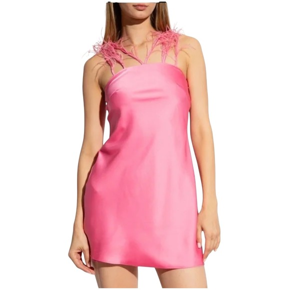cult gaia Dresses & Skirts - Cult Gaia Karosi Ostrich-Feather Satin Mini Dress size Large $518 NEW‎